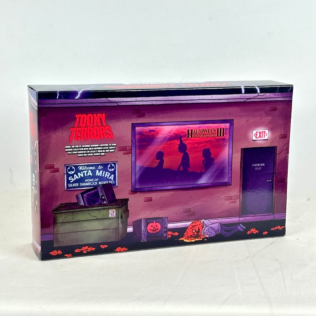 Halloween-themed product packaging with purple and red design elements.