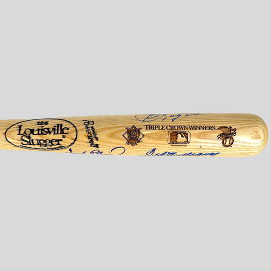 Wooden baseball bat with branding and text on a white background