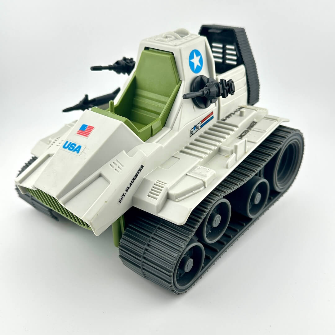 Toy tank model with USA branding on a white background