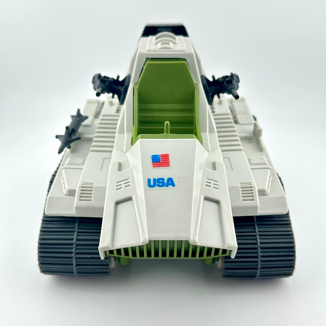 Toy tank model with USA branding on a white background