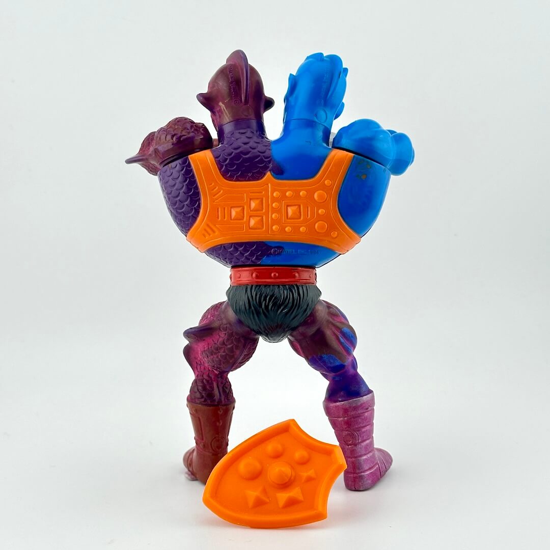 Double headed action figure with blue, purple, and orange colors on a white background