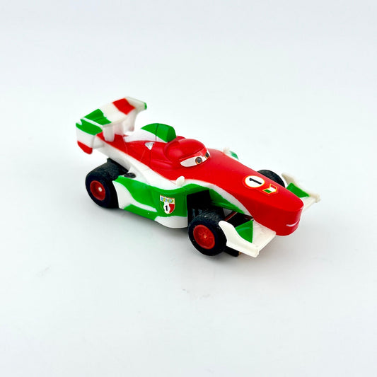 Toy race car with red, green, and white colors on a white background