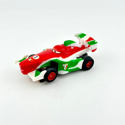 Toy race car with red and green design on a white background