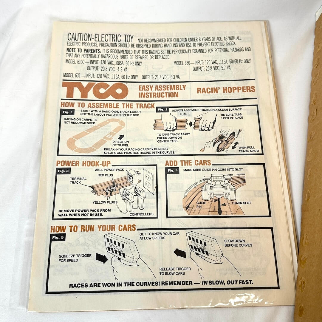 Tyco Racin' Hoppers toy assembly instruction sheet on a white background
