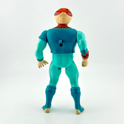Toy figure with blue suit and tiger-like head on a white background