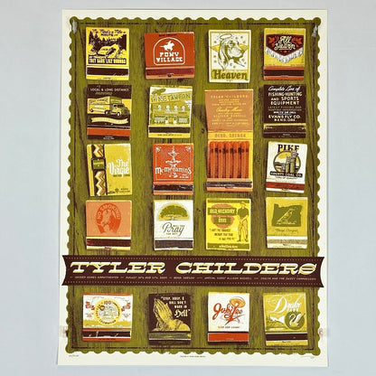 Poster of columns of matchbooks with Bend, OR iconic images & Childers lyric references, arranged on wood grain background