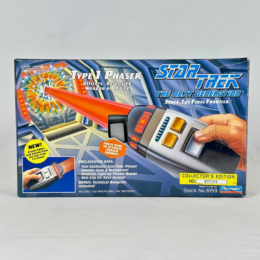 Box for toy phaser featuring Star Trek branding and graphics. 