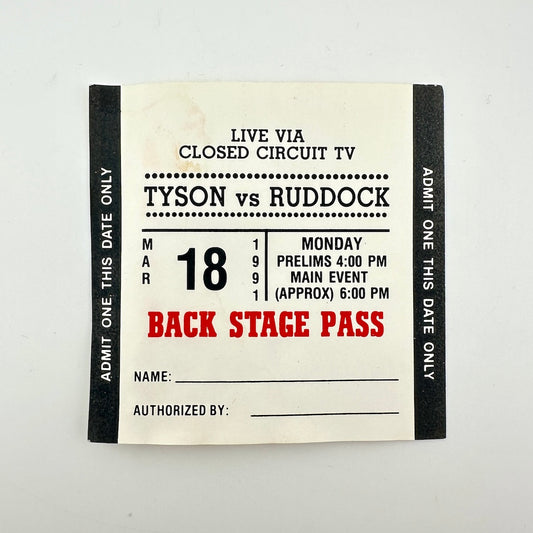 A vintage-style backstage pass ticket with black side borders, an off-white center, and red text reading 'BACKSTAGE PASS.' 