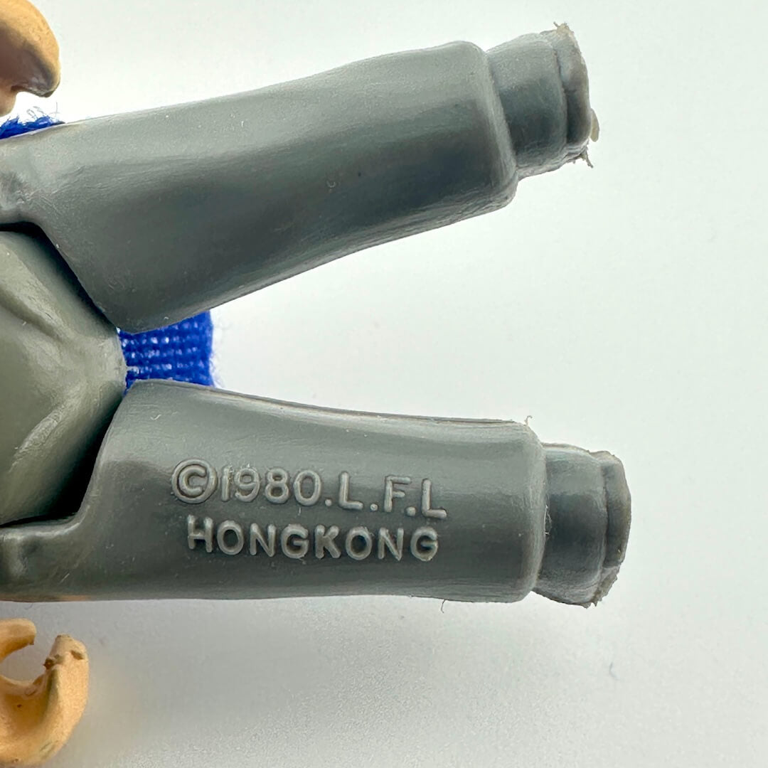 Close-up of back of figure's legs to show COO and copyright information. 