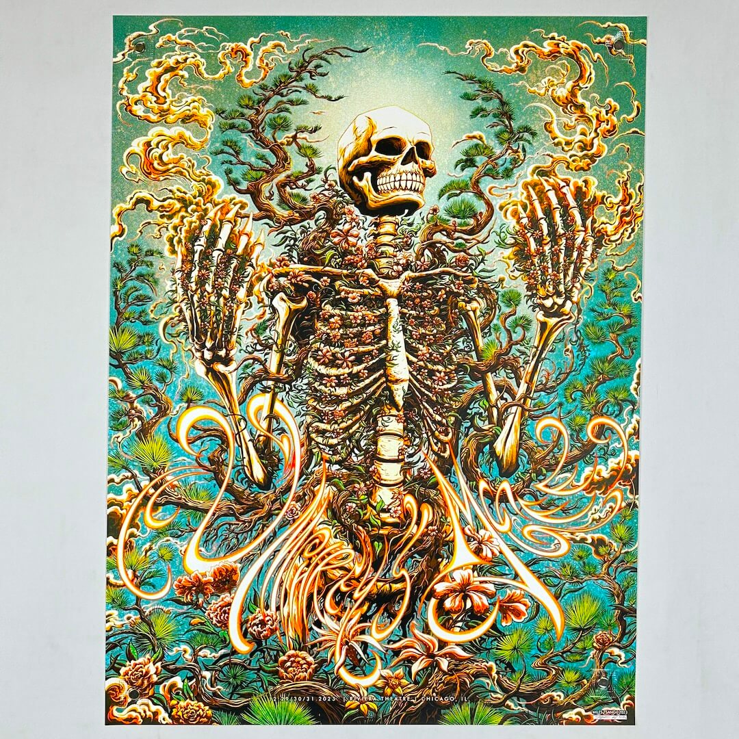 Colorful poster featuring a skeleton with floral designs throughout. 