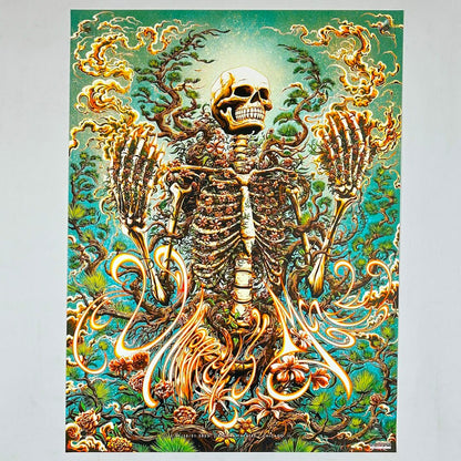 Colorful poster featuring a skeleton with floral designs throughout. 