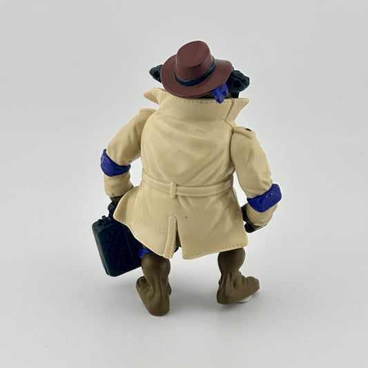 Anthropomorphized turtle wearing mask disguise, trenchcoat, fedora, with black briefcase. Back.