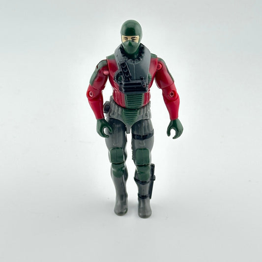 Action figure in green and red costume on a white background