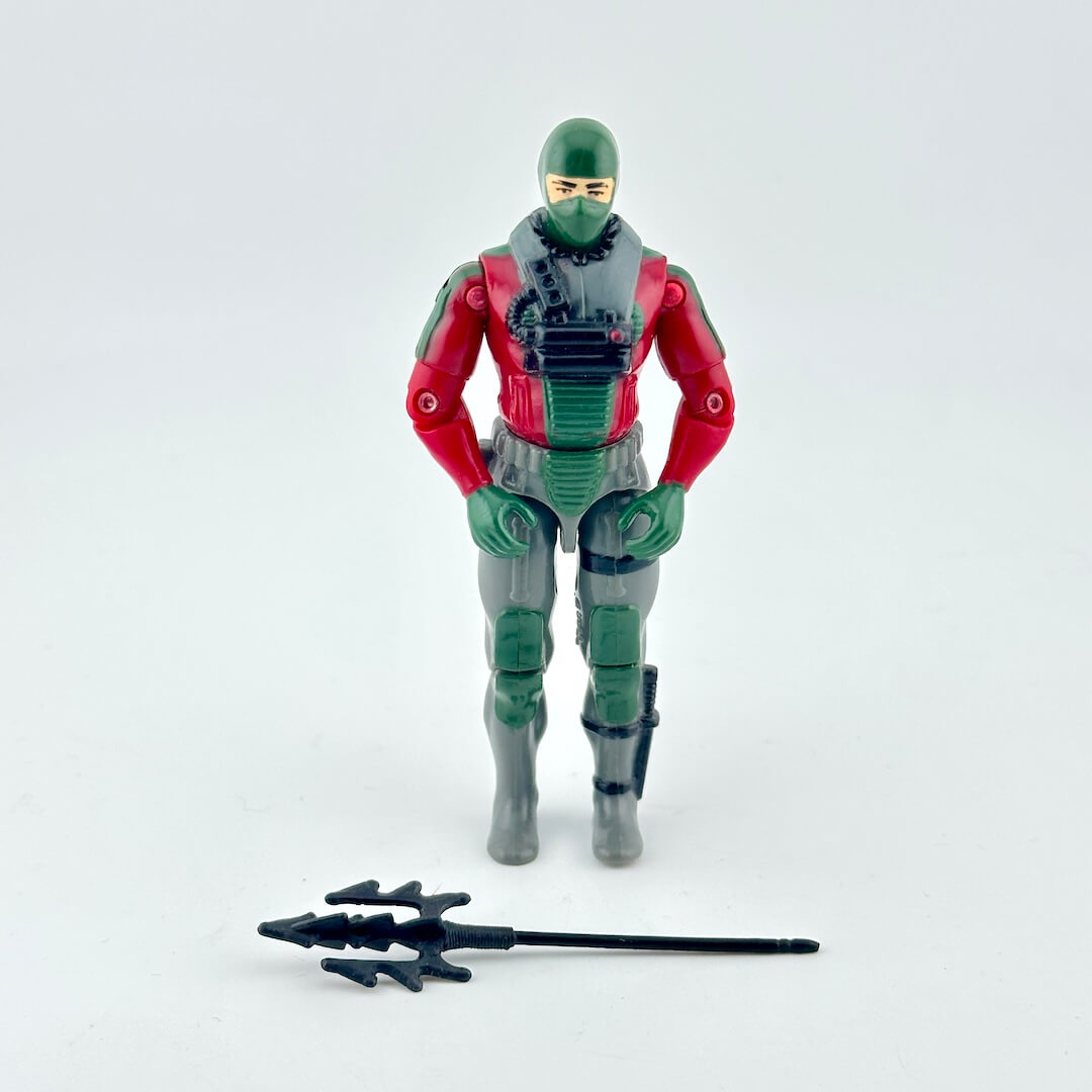 GI Joe action figure in green and red wetsuit with green mask and black accessory on white background. 