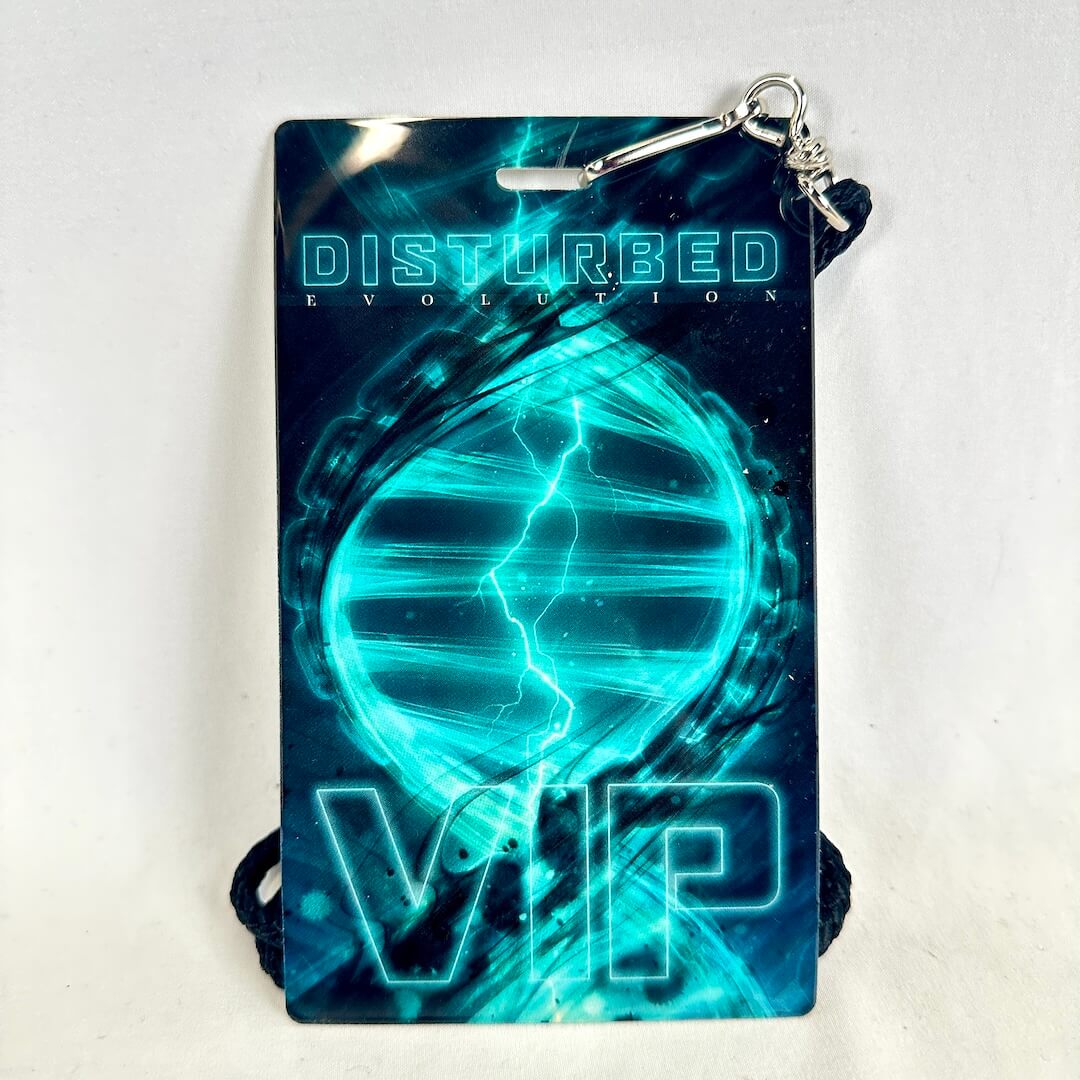 Laminate tag with 'Disturbed' design on a white background
