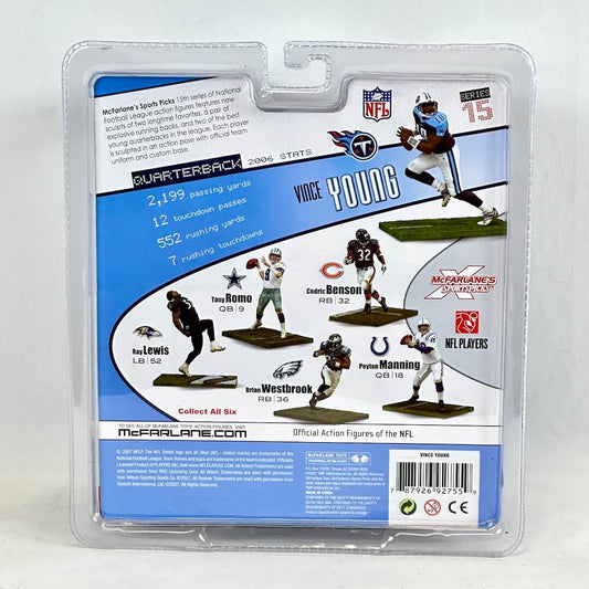 Action figure packaging with NFL branding and player statistics on a white background