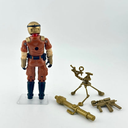Action figure in brown and blue outfit with accessories on a white background