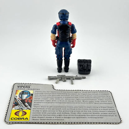 A Cobra action figure of Vipers, a blue and red toy soldier with black legs, standing next to its accessories.