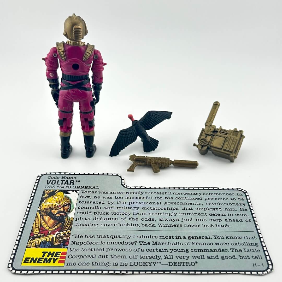 G.I. Joe action figure with accessories and character card against white background.
