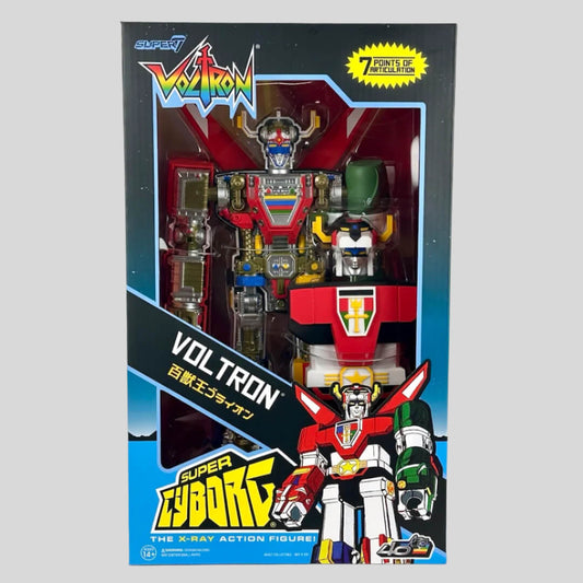 Front of box with clear window showing full color action figure cyborg with removable pieces.