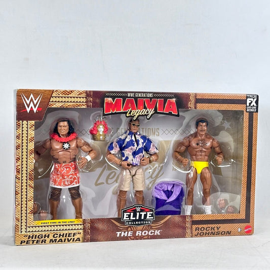WWE Elite Collection action figure set in packaging with 'Maivia' branding on a white background