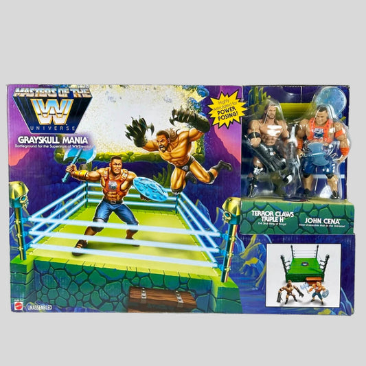 Box with 2 action figures. Image on box is of wrestling ring with figures in fight sequence both animated & as toys.