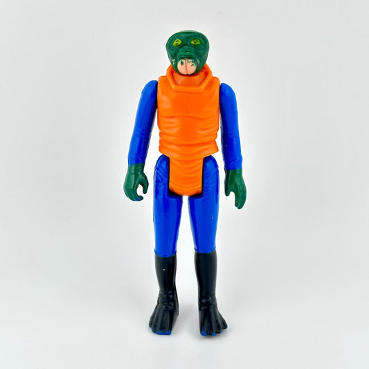 Alien action figure with blue and orange outfit on white background. 