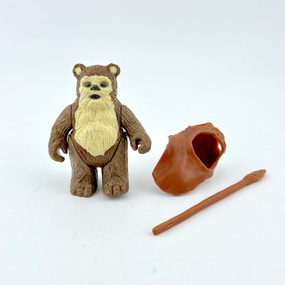 Ewok action figure with hood and spear on white background. 