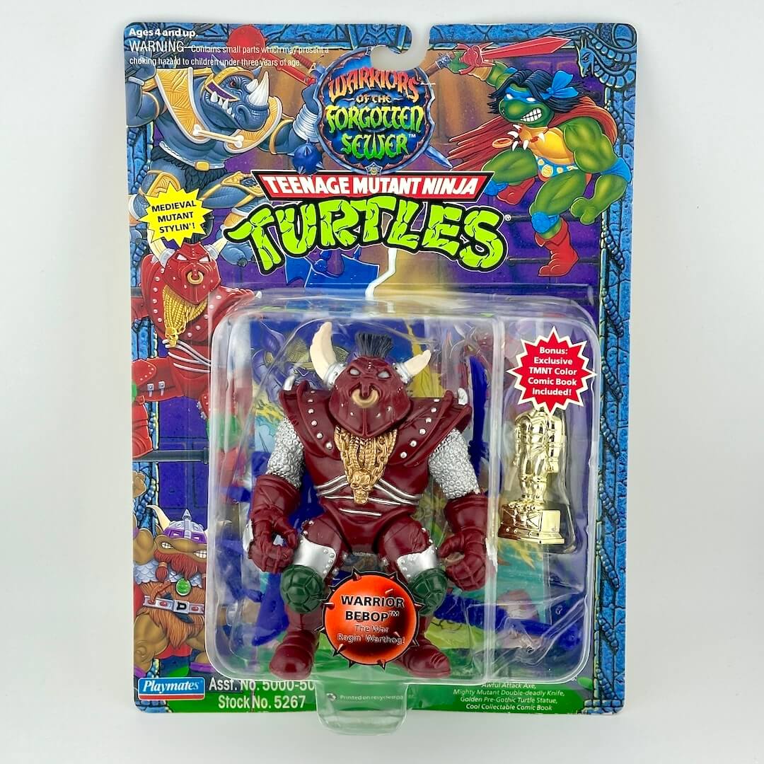 Toy figure in packaging with 'Warriors of the Forgotten Sewer' and 'Teenage Mutant Ninja Turtles' branding.