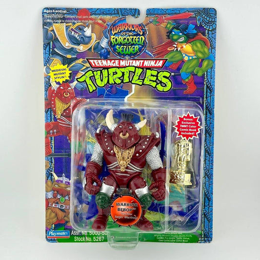 Toy figure in packaging with 'Warriors of the Forgotten Sewer' and 'Teenage Mutant Ninja Turtles' branding.