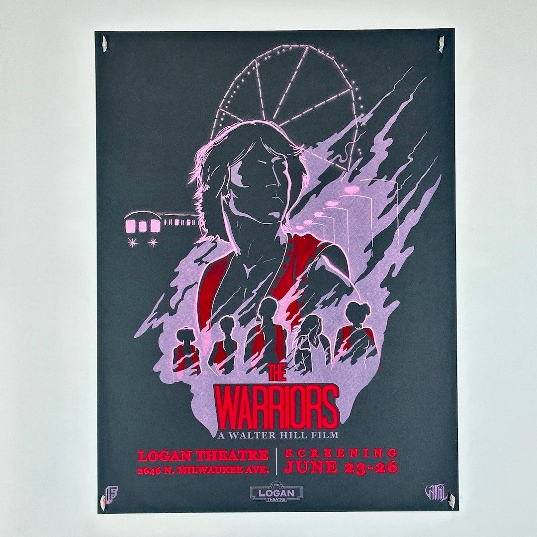 Black poster with light purple line silhouette of man wearing red vest, above a similar group, red text movie title. 