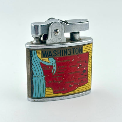 Vintage metal pocket lighter with Washington state map illustration. 
