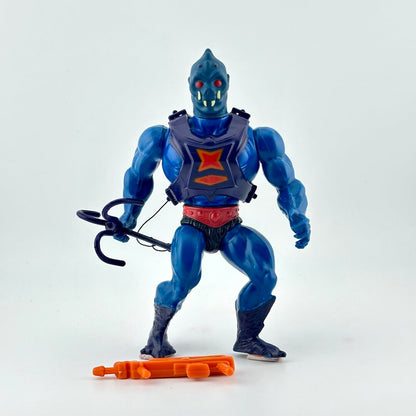 Toy figure with blue and purple costume, red accents, and orange weapon on a white background