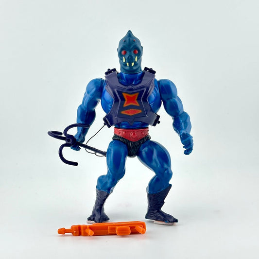 Toy figure with blue and purple costume, red accents, and orange weapon on a white background