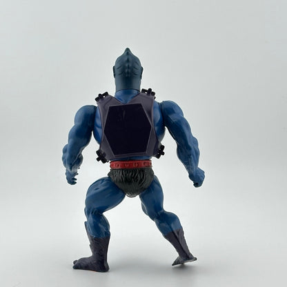 Blue muscular figure front with purple chest plate and red belt.  