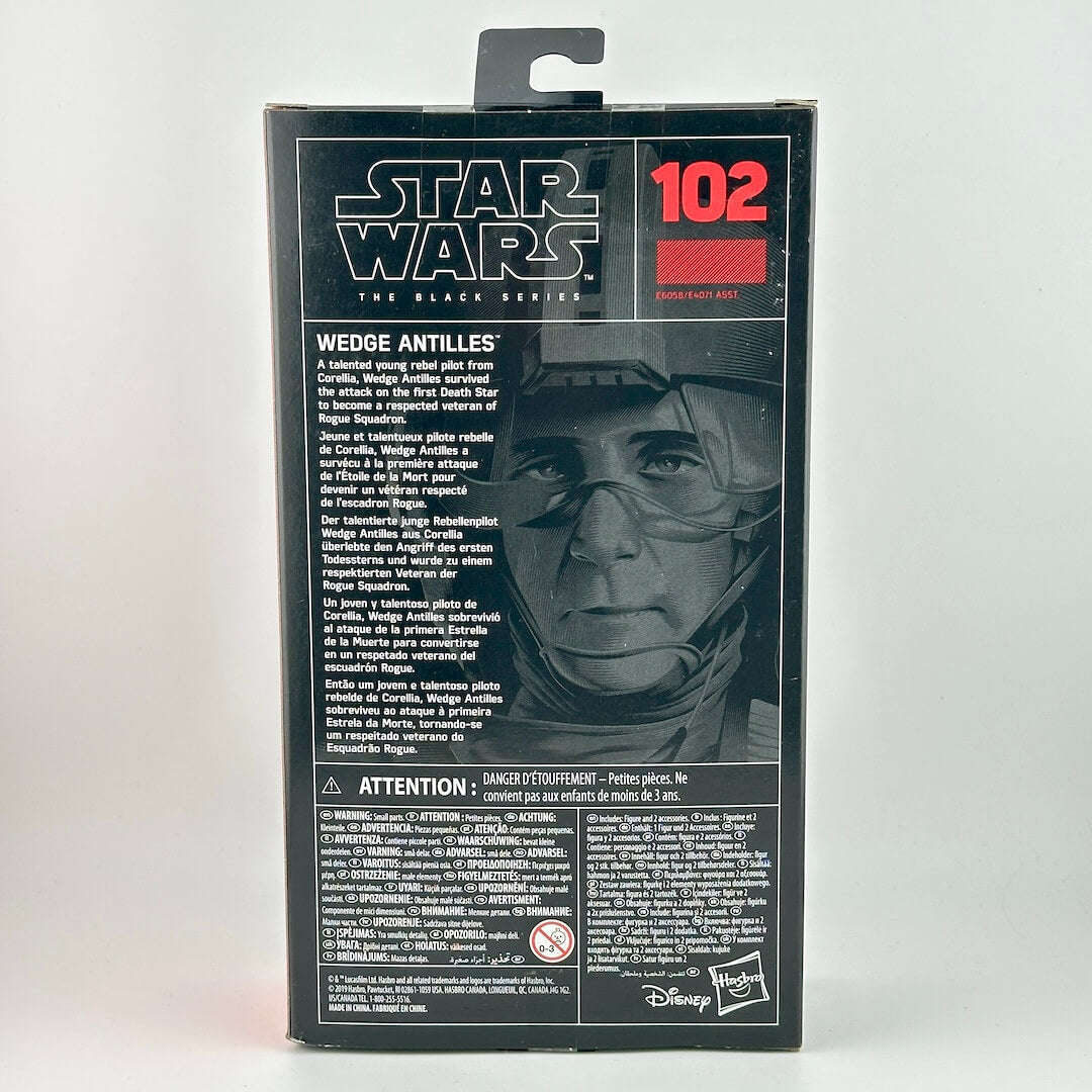 Star Wars The Black Series 102 Wedge Antilles action figure box back, showing character art, & product details.