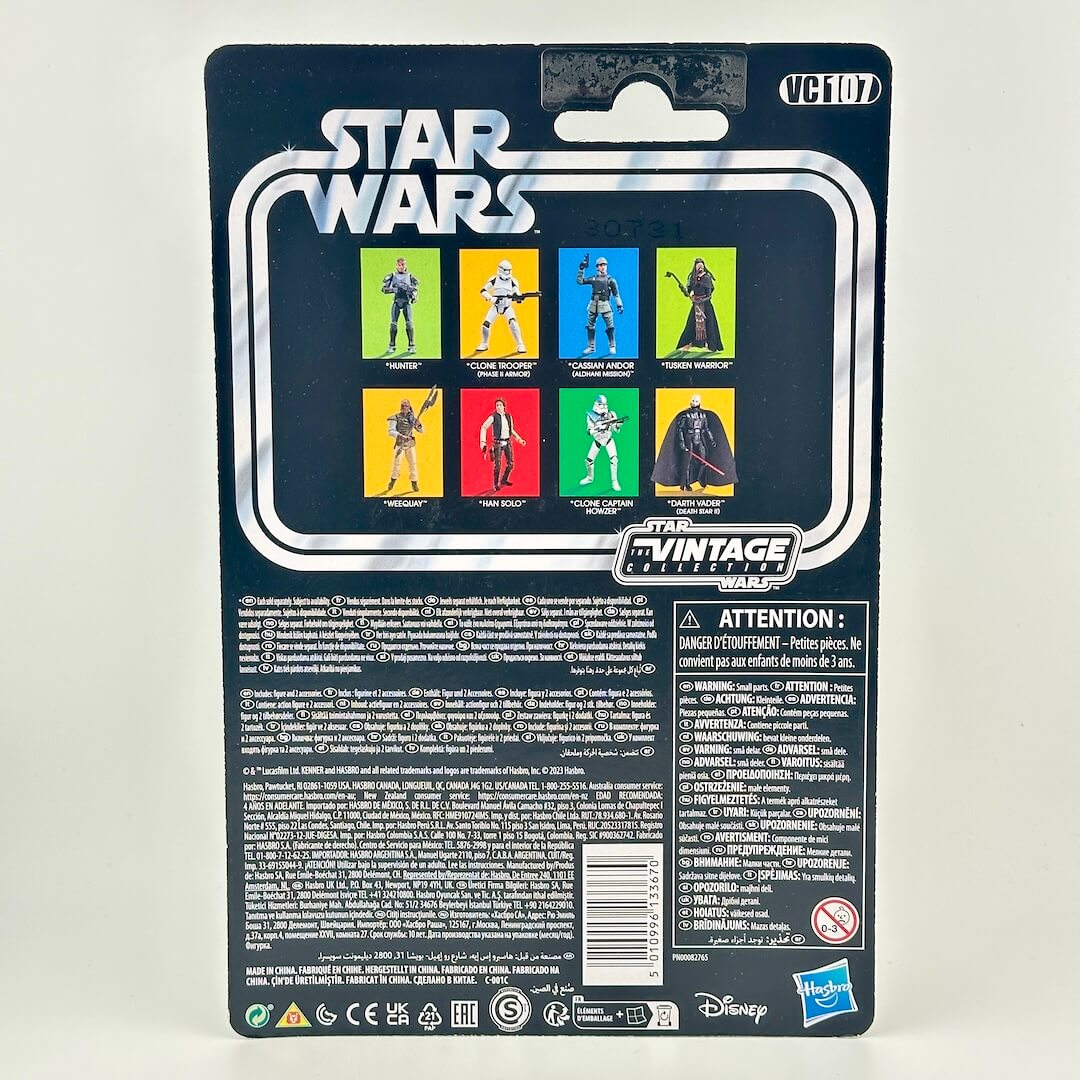 Back of Star Wars action figure packaging showing images of other available figures and product information.