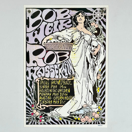 Vintage concert poster for Bob Weir & The Dead featuring a stylized illustration of a woman and text on a gray background.