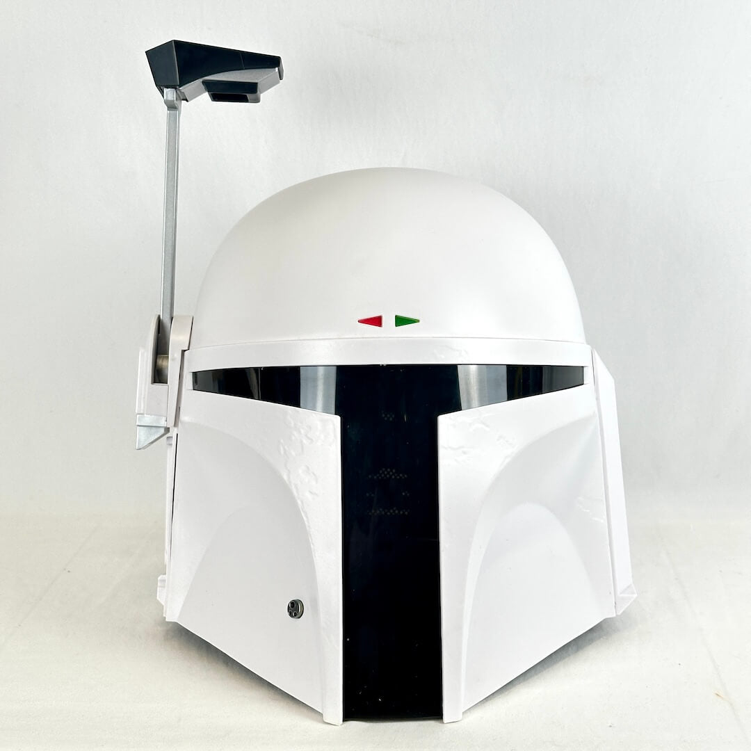 A white replica helmet inspired by Boba Fett, featuring a black visor, a vertical black front pane.