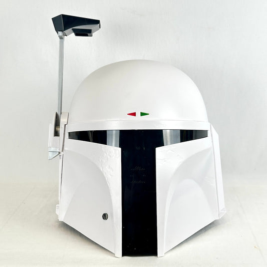 A white replica helmet inspired by Boba Fett, featuring a black visor, a vertical black front pane.