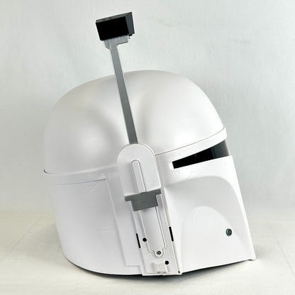 A white replica helmet inspired by Boba Fett from Star Wars, photographed against a neutral light gray background.