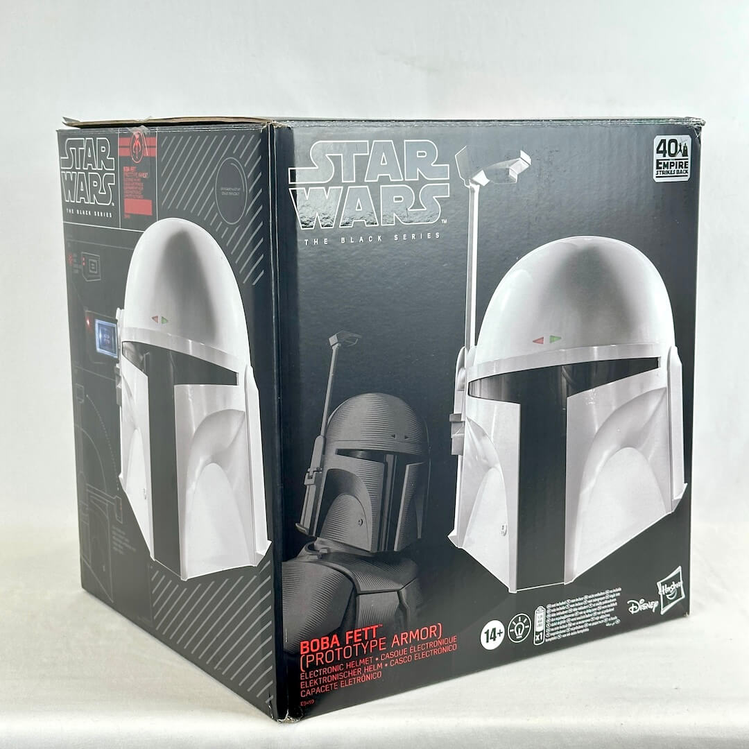 Star Wars The Black Series Boba Fett (Prototype Armor) collectible helmet in its original retail packaging.