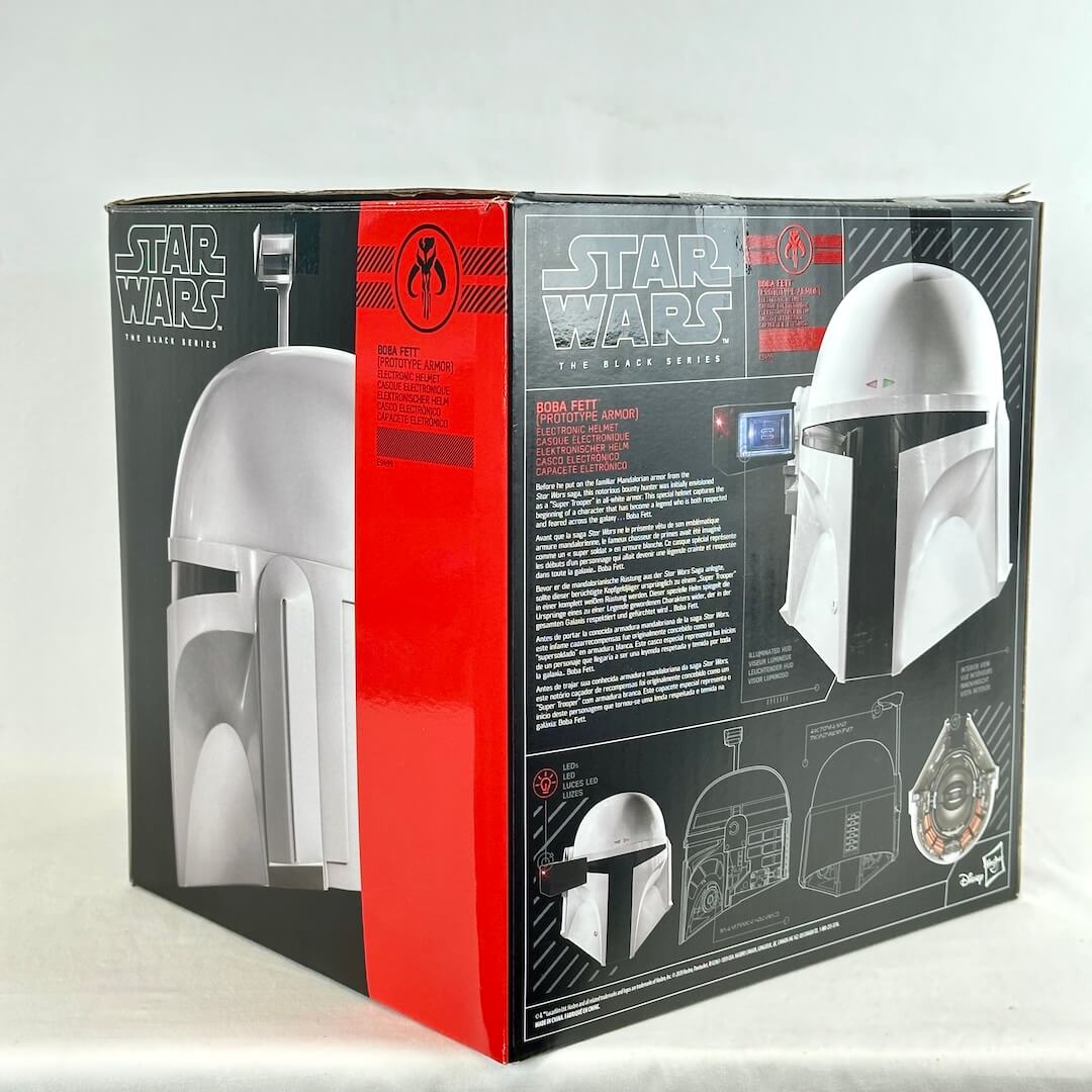 Star Wars white Boba Fett helmet box showing specs of helmet and other product details. 