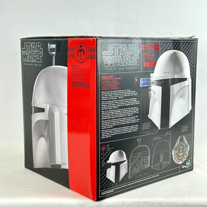 Star Wars white Boba Fett helmet box showing specs of helmet and other product details. 