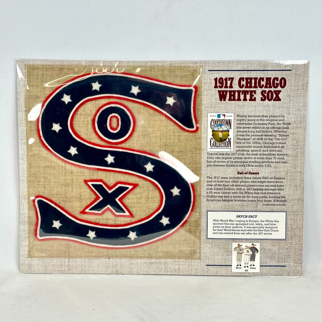 Document with 1917 Chicago White Sox patch and historical fact text on white background. 
