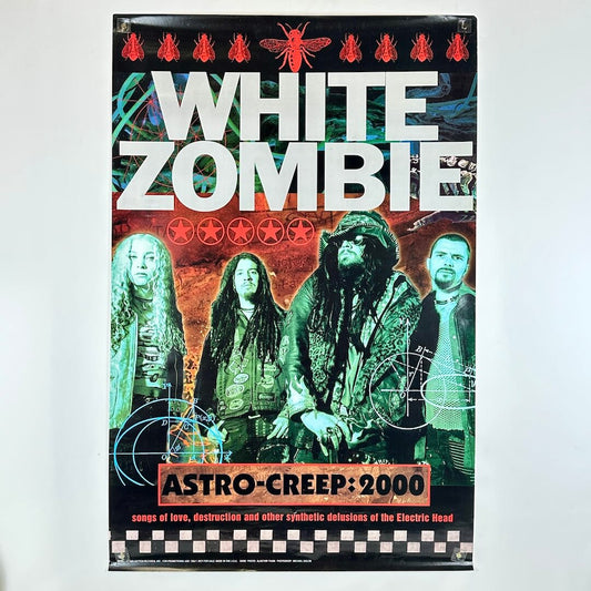 Poster of White Zombie band with album title 'Astro-Creep: 2000' on a white background