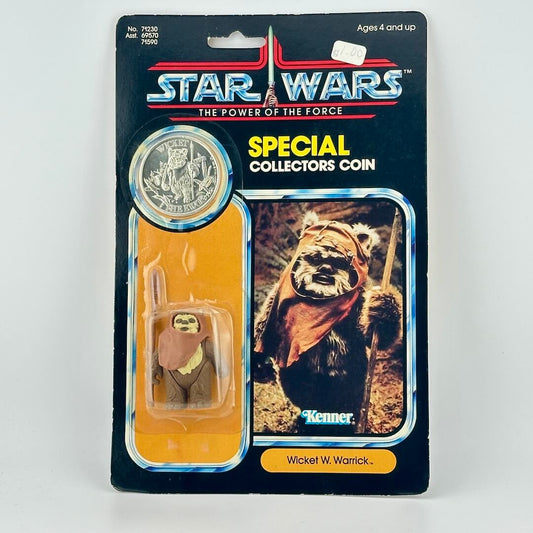 Star Wars Wicket W. Warrick action figure with coin in packaging on a white background