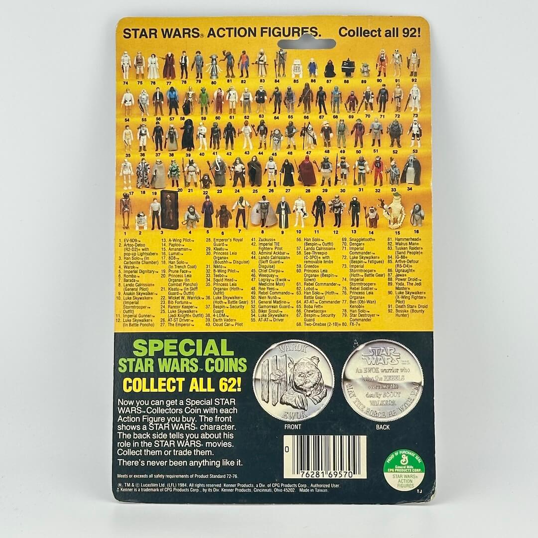 Star Wars action figures packaging with character illustrations and coin information on a yellow and black background.