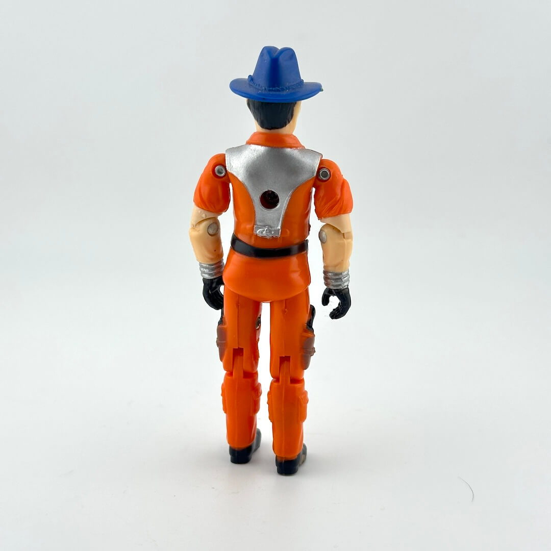 Toy figure in orange and blue outfit on a white background