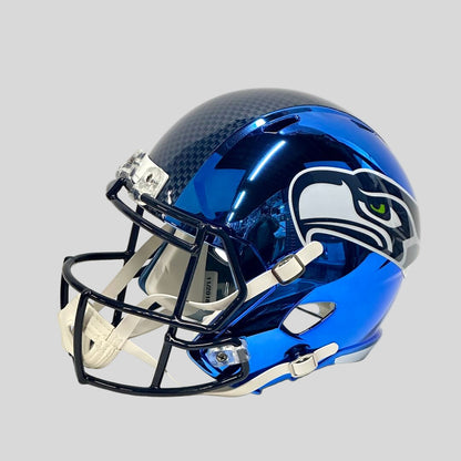 Blue football helmet with a logo on a white background